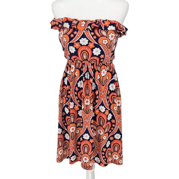 Judith March Boho Off-Shoulder Mini Dress Small Retro Floral Orange Navy Ruffle - Picture 1 of 11